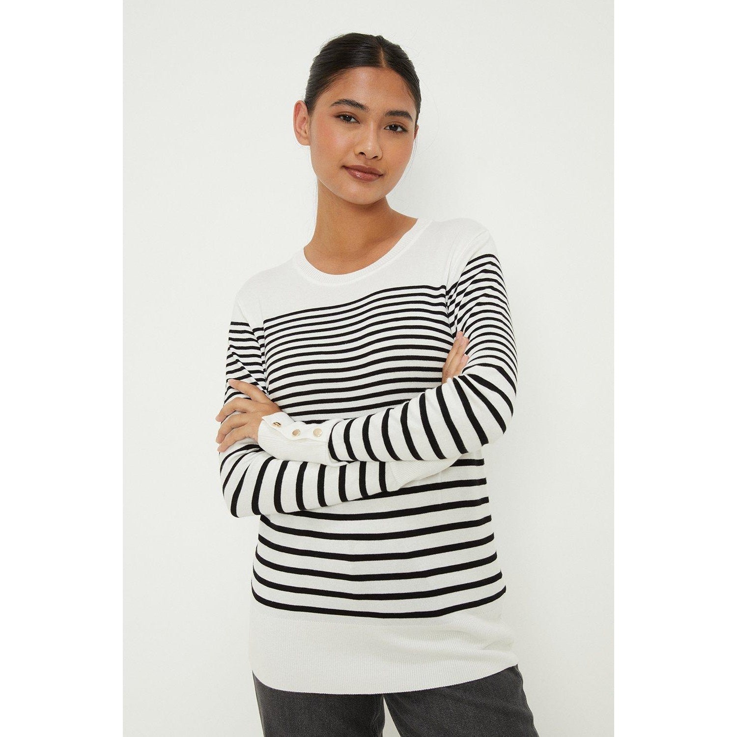 Ivory - Front - Dorothy Perkins Womens-Ladies Stripe Buttoned Cuff Petite Jumper