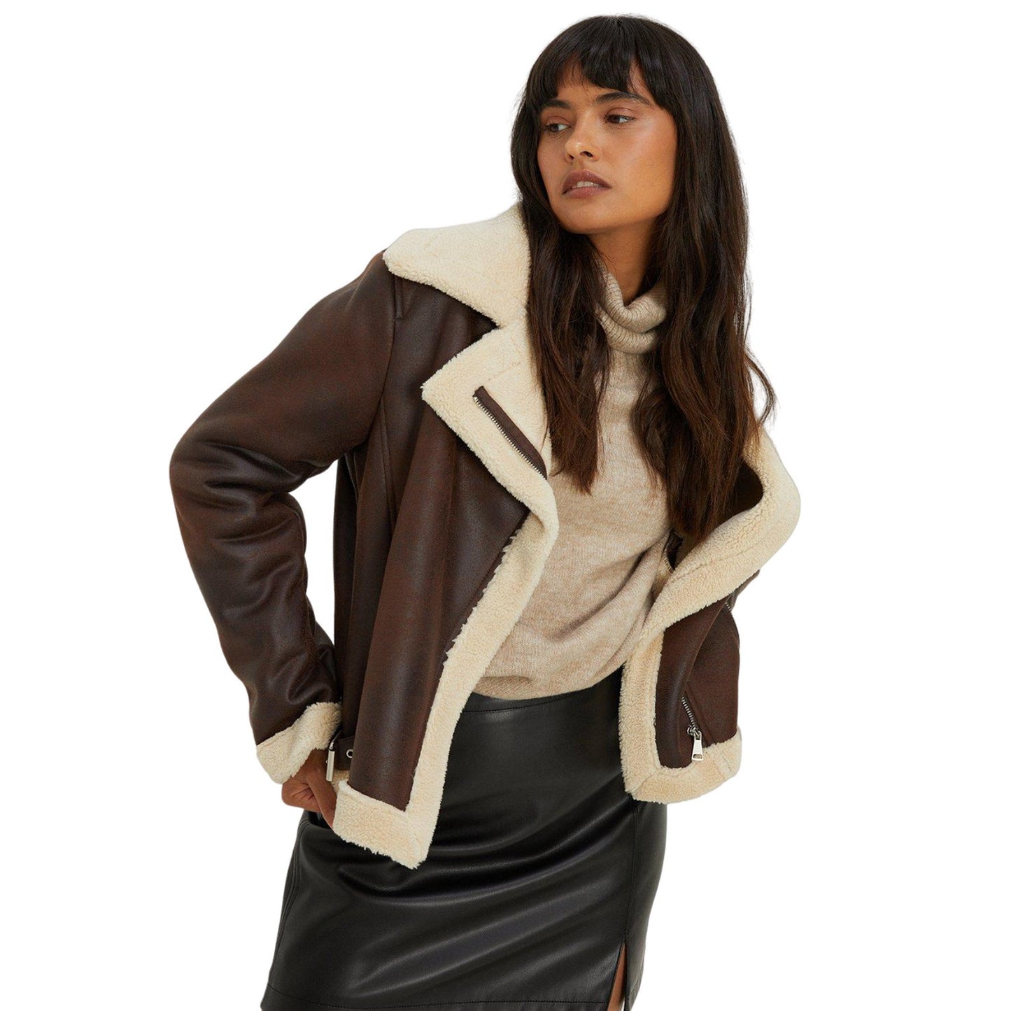 Dark Brown - Front - Dorothy Perkins Womens-Ladies Shearling Short Bomber Jacket