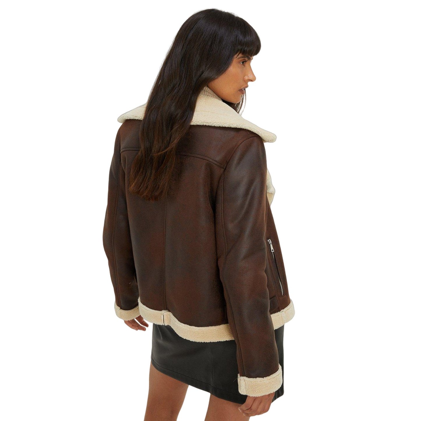 Dark Brown - Back - Dorothy Perkins Womens-Ladies Shearling Short Bomber Jacket