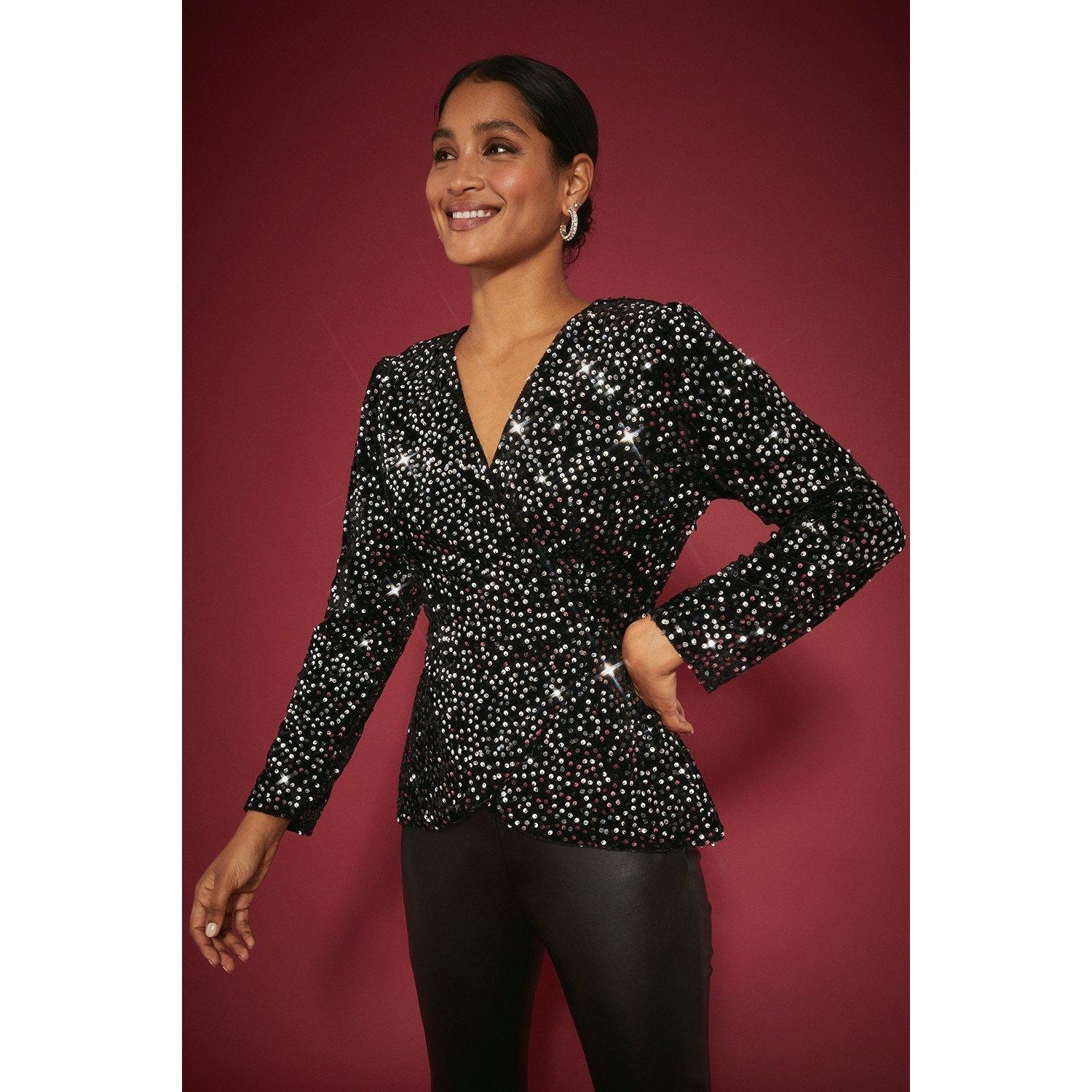 Silver - Front - Dorothy Perkins Womens-Ladies Sequin Velvet Wrap Wrap Top