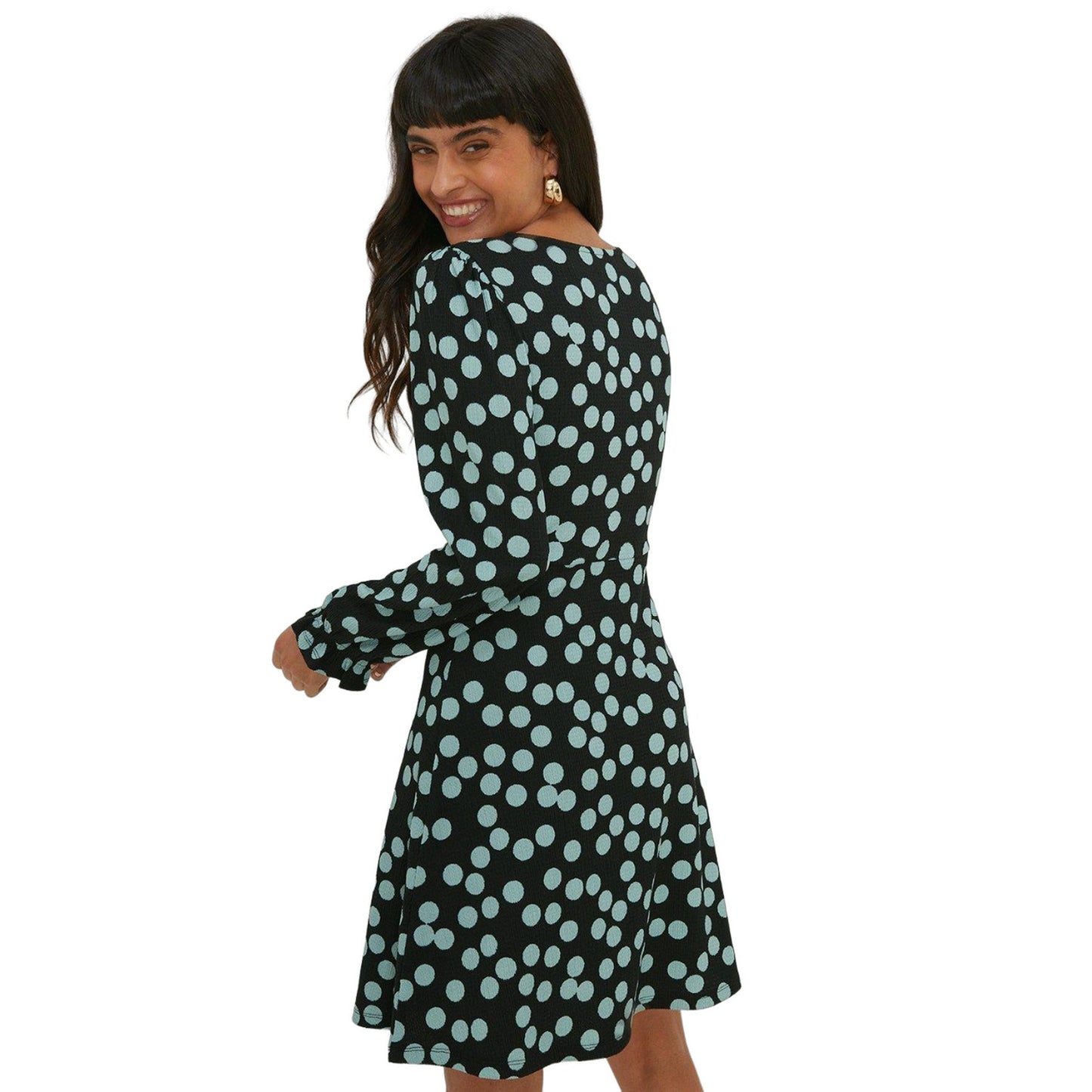 Black - Back - Dorothy Perkins Womens-Ladies Spotted V Neck Long-Sleeved Mini Dress