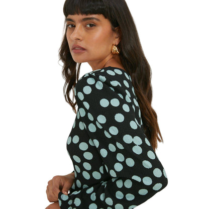 Black - Side - Dorothy Perkins Womens-Ladies Spotted V Neck Long-Sleeved Mini Dress