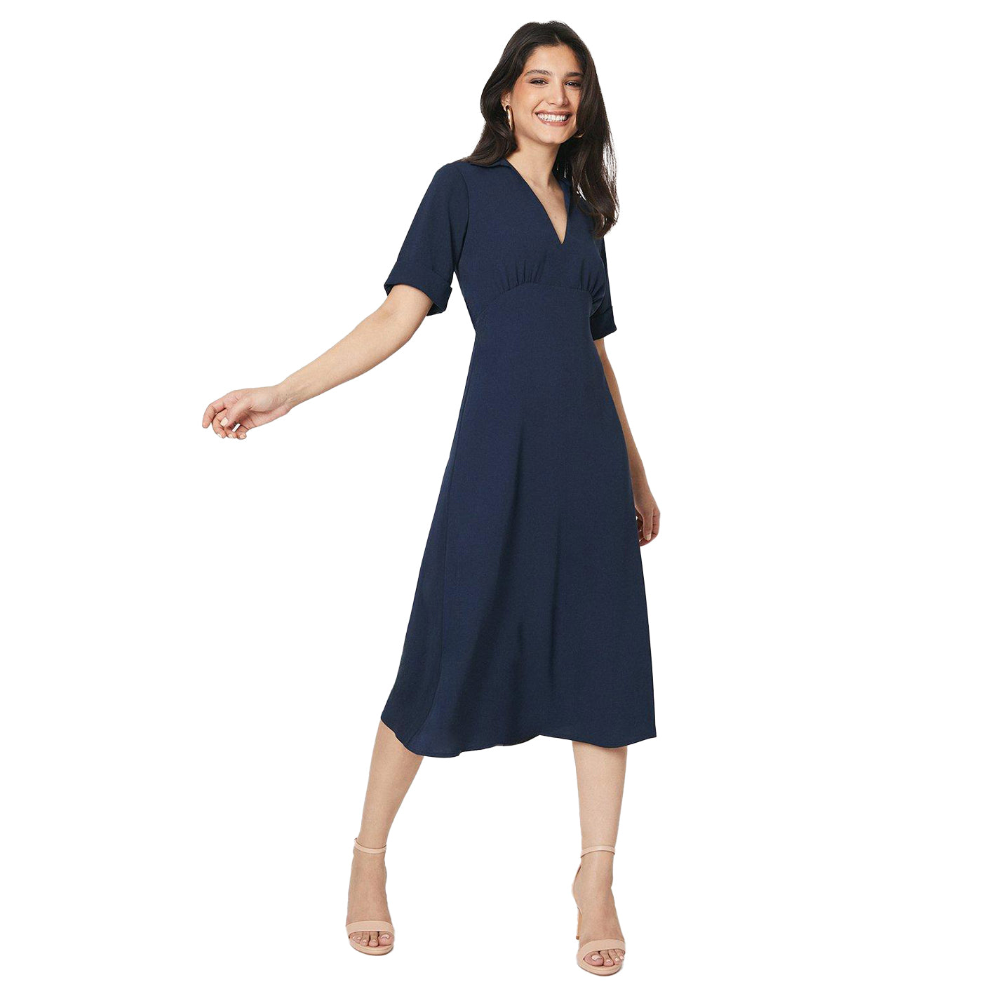 Navy - Front - Dorothy Perkins Womens-Ladies Collared 3-4 Sleeve Midi Dress