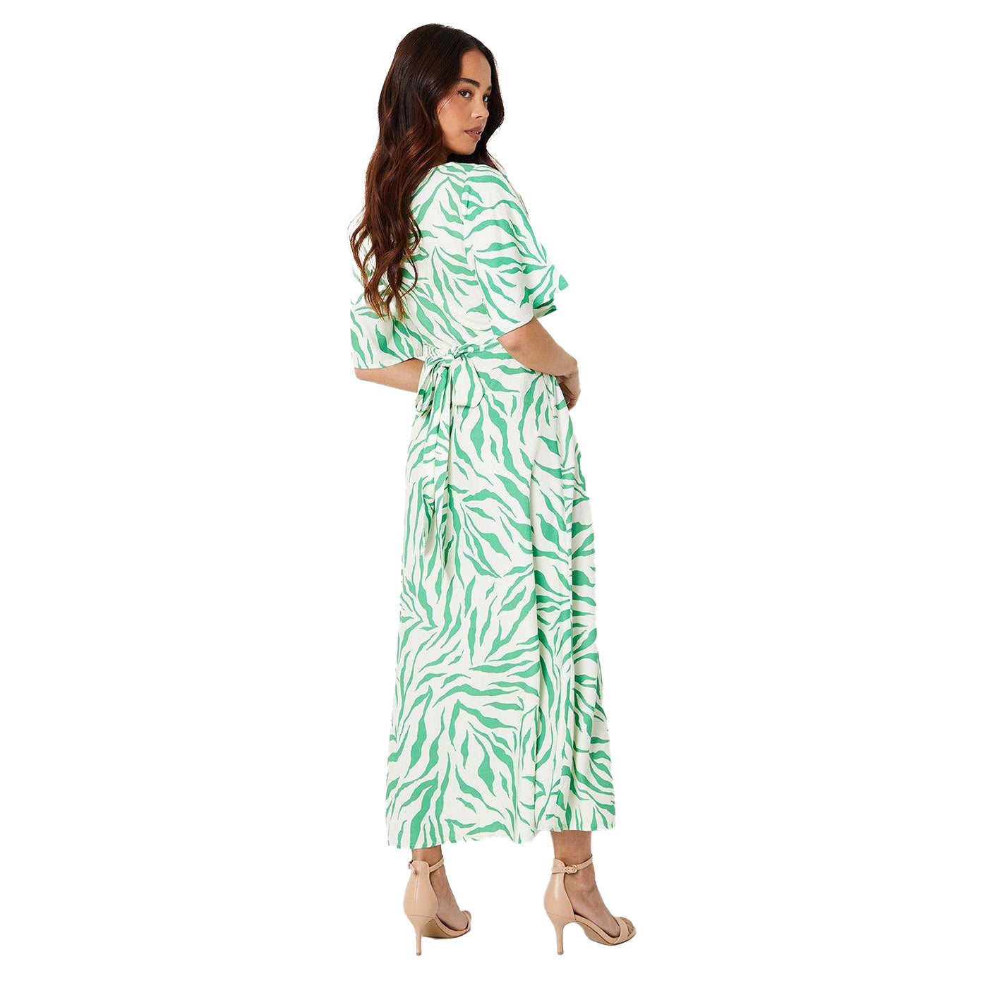 Green - Back - Dorothy Perkins Womens-Ladies Printed Tie Back Petite Flutter Midi Dress