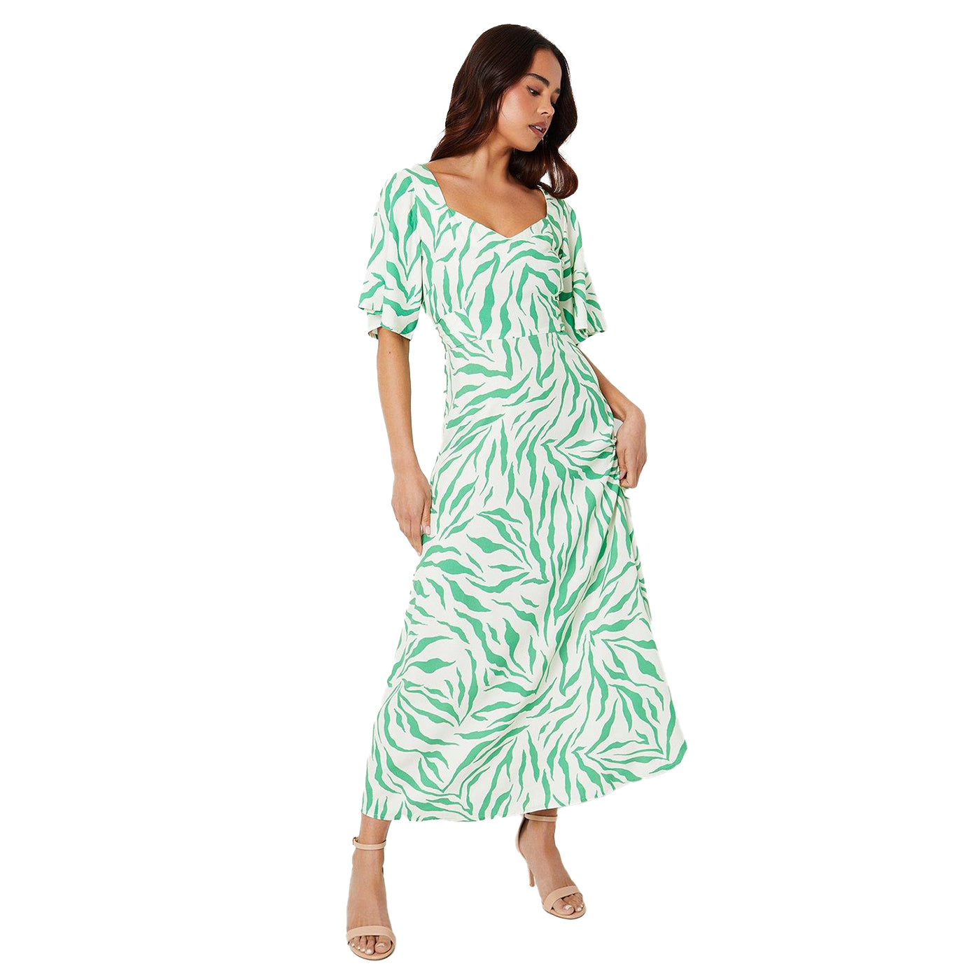 Green - Front - Dorothy Perkins Womens-Ladies Printed Tie Back Petite Flutter Midi Dress