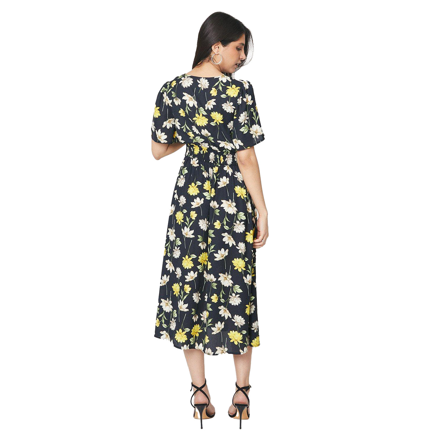 Black-White-Yellow - Back - Dorothy Perkins Womens-Ladies Floral Front Tie Midi Dress