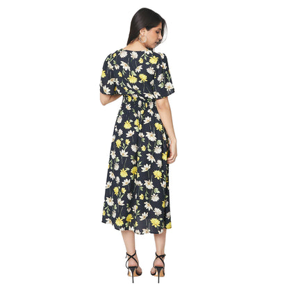 Black-White-Yellow - Back - Dorothy Perkins Womens-Ladies Floral Front Tie Midi Dress