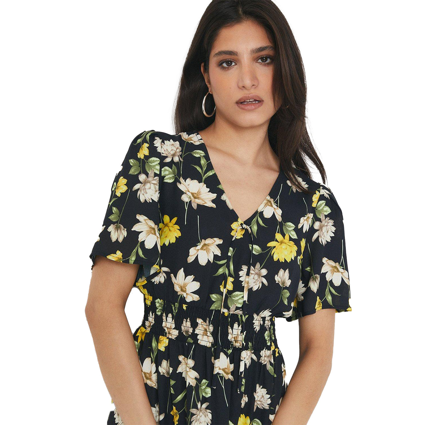 Black-White-Yellow - Side - Dorothy Perkins Womens-Ladies Floral Front Tie Midi Dress
