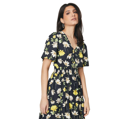 Black-White-Yellow - Lifestyle - Dorothy Perkins Womens-Ladies Floral Front Tie Midi Dress