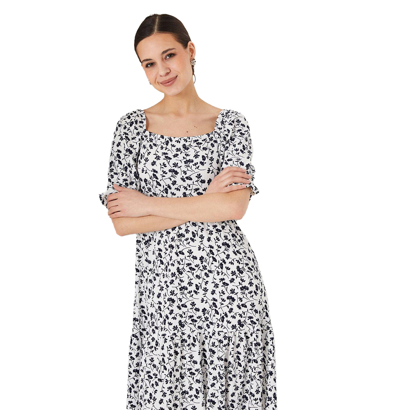 Ivory - Side - Dorothy Perkins Womens-Ladies Ditsy Print Tiered Puff Sleeve Midi Dress