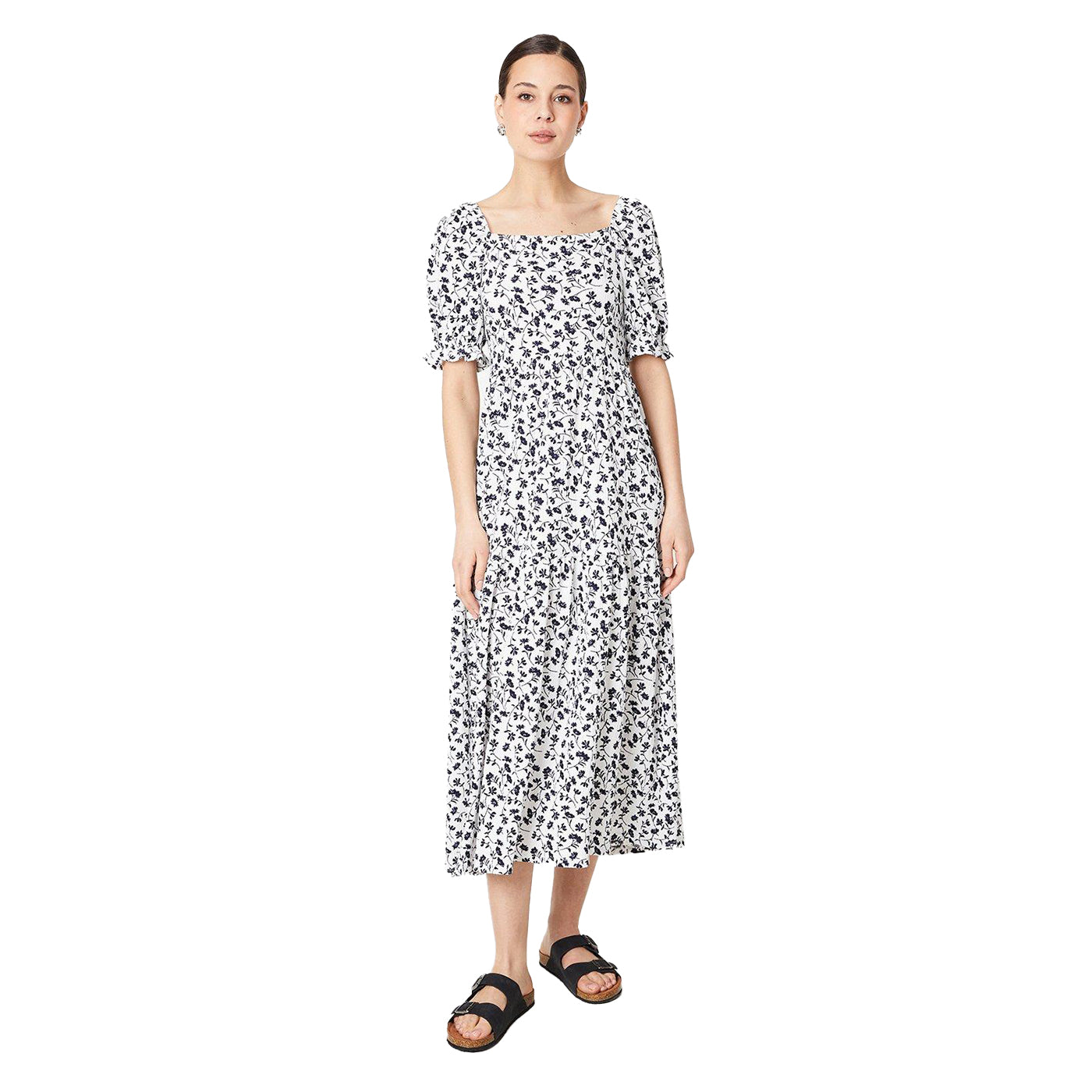 Ivory - Front - Dorothy Perkins Womens-Ladies Ditsy Print Tiered Puff Sleeve Midi Dress