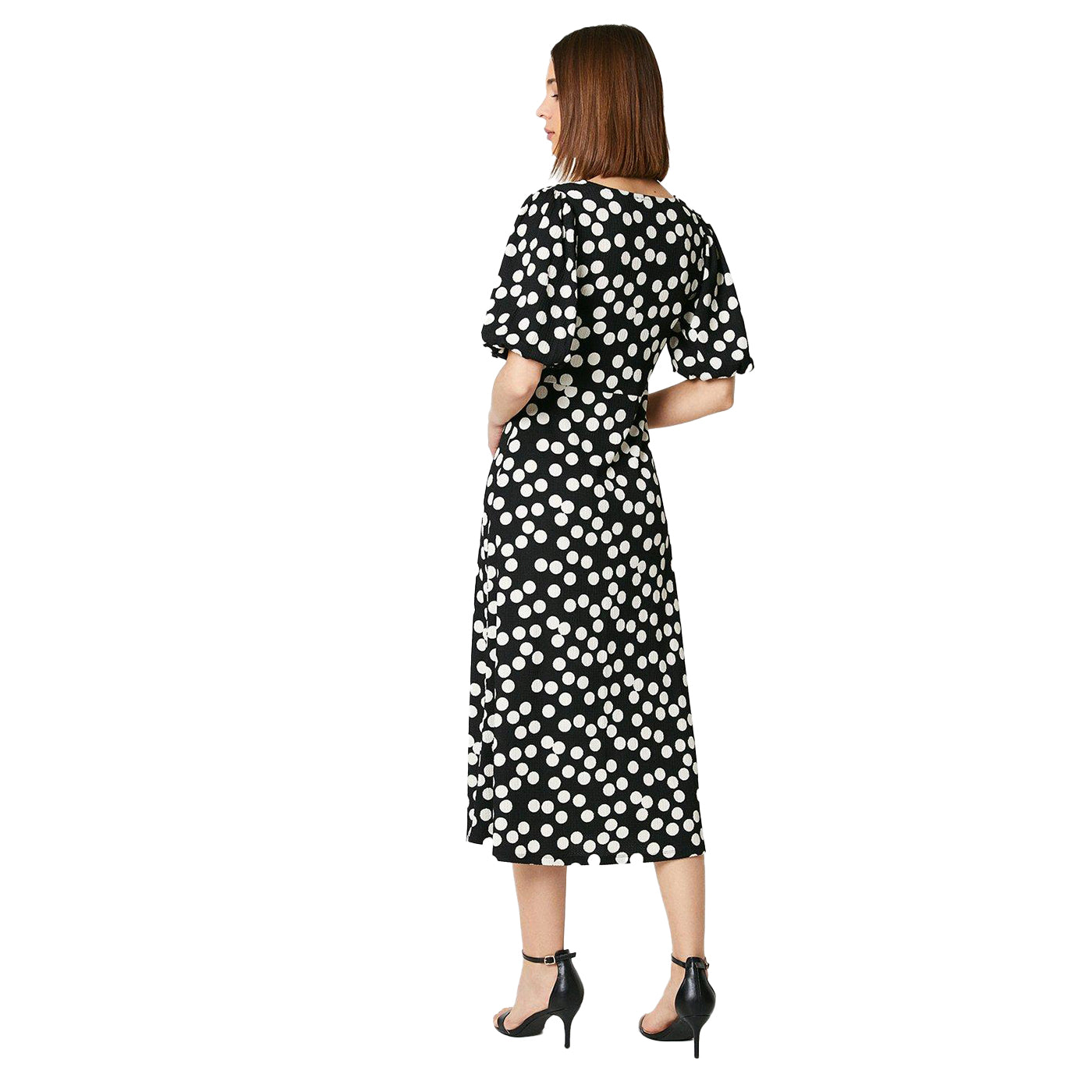 Black-White - Back - Dorothy Perkins Womens-Ladies Spotted Ruched Front Puff Sleeve Midi Dress