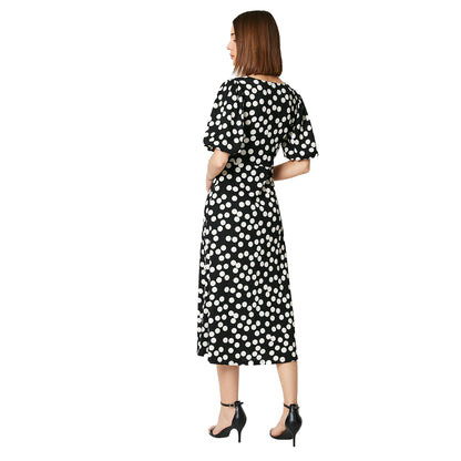 Black-White - Back - Dorothy Perkins Womens-Ladies Spotted Ruched Front Puff Sleeve Midi Dress