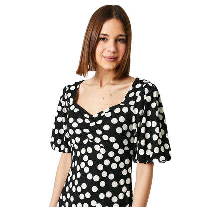 Black-White - Side - Dorothy Perkins Womens-Ladies Spotted Ruched Front Puff Sleeve Midi Dress