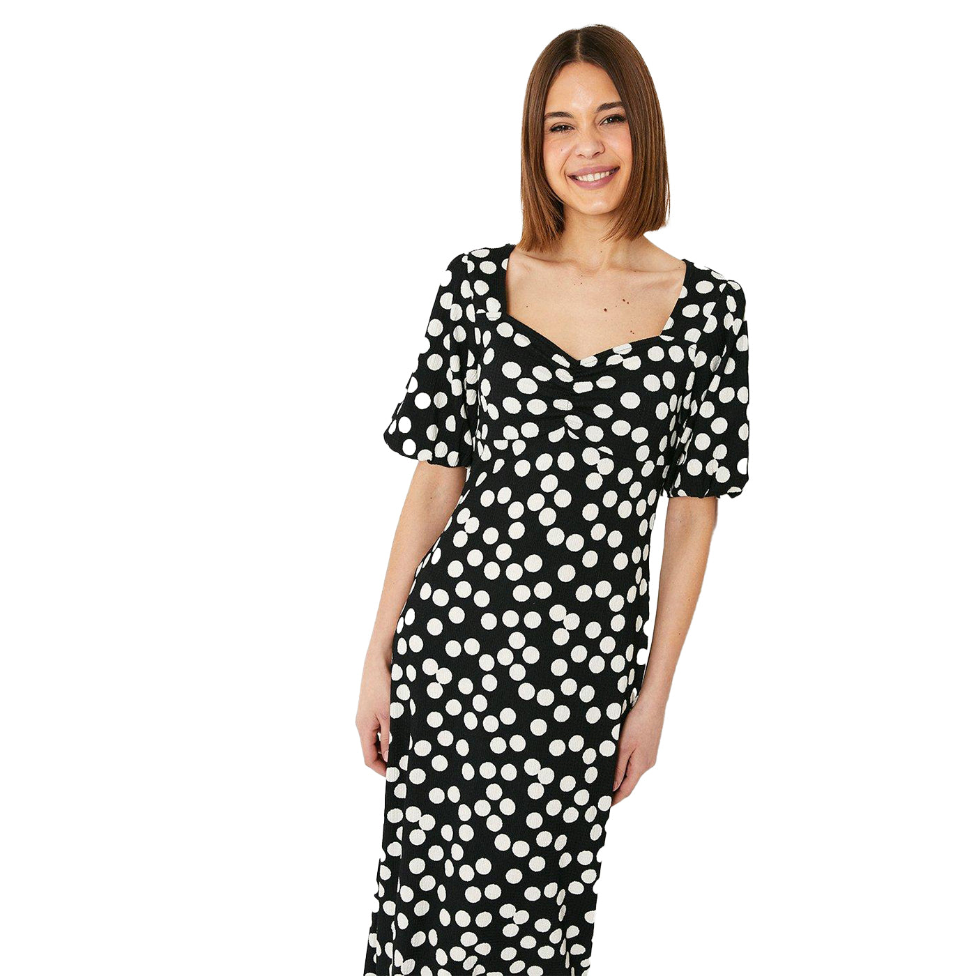 Black-White - Lifestyle - Dorothy Perkins Womens-Ladies Spotted Ruched Front Puff Sleeve Midi Dress