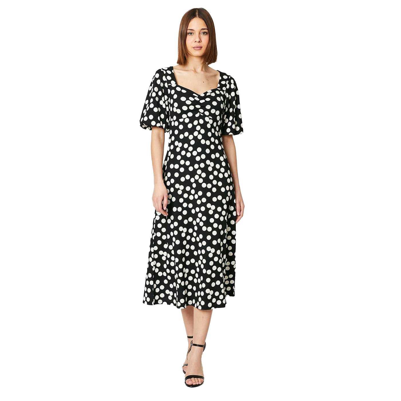 Black-White - Front - Dorothy Perkins Womens-Ladies Spotted Ruched Front Puff Sleeve Midi Dress