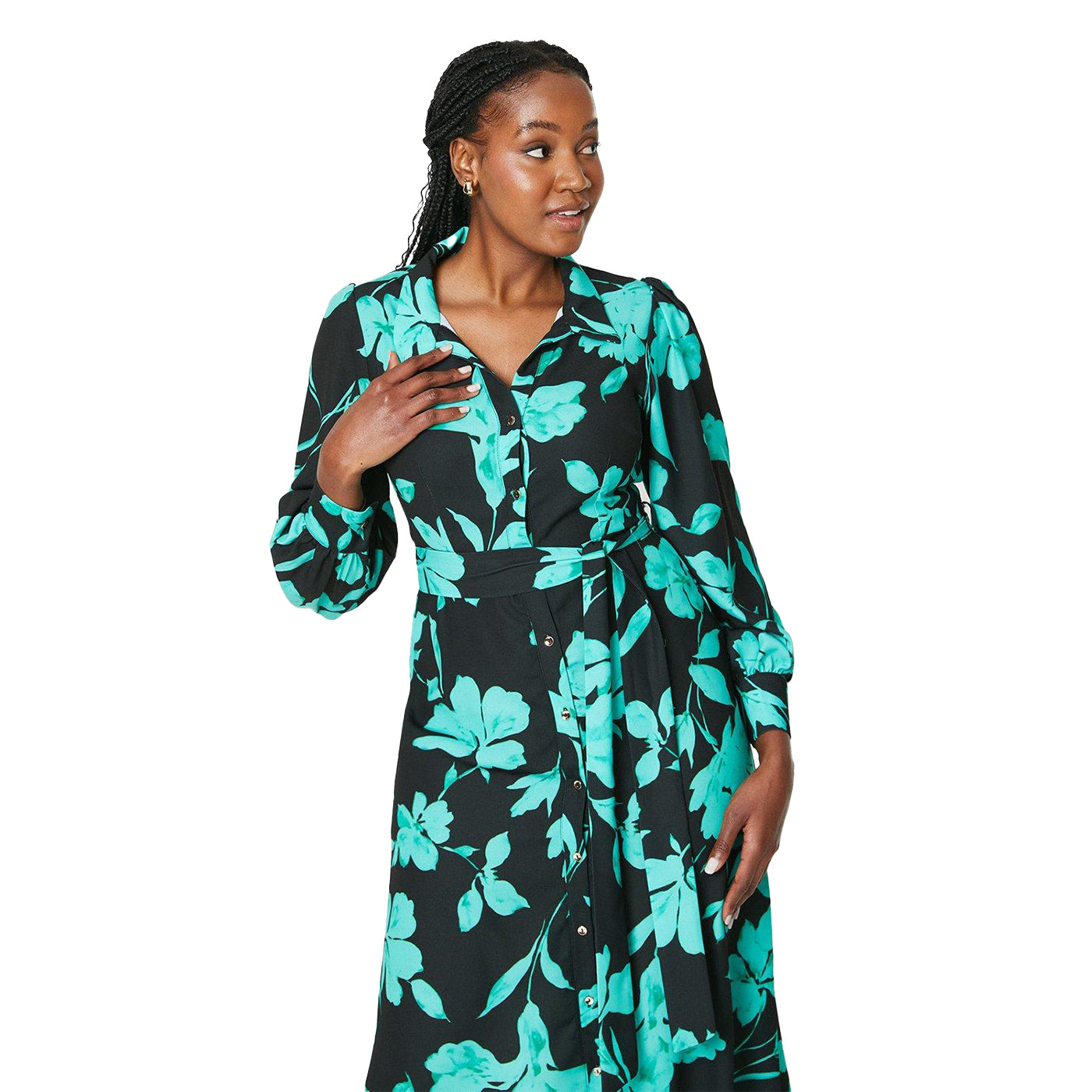 Green-Black - Side - Dorothy Perkins Womens-Ladies Floral Midi Shirt Dress