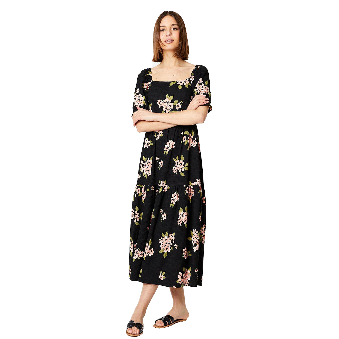 Black - Front - Dorothy Perkins Womens-Ladies Floral Tiered Hem Midi Dress