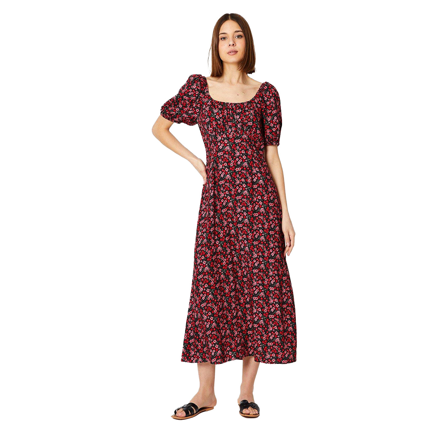 Black-Pink-Red - Front - Dorothy Perkins Womens-Ladies Scoop Neck Short-Sleeved Midi Dress