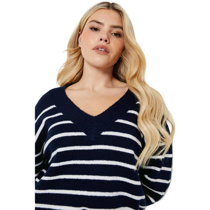 Navy - Side - Dorothy Perkins Womens-Ladies Stripe Knitted V Neck Jumper