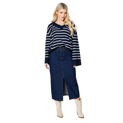 Navy - Pack Shot - Dorothy Perkins Womens-Ladies Stripe Knitted V Neck Jumper