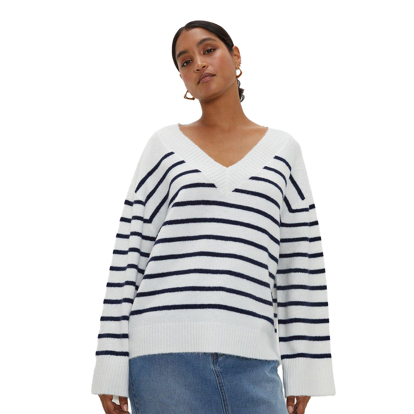 White - Front - Dorothy Perkins Womens-Ladies Stripe Knitted V Neck Jumper
