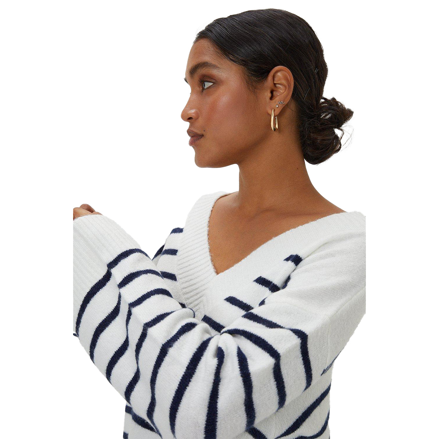White - Side - Dorothy Perkins Womens-Ladies Stripe Knitted V Neck Jumper