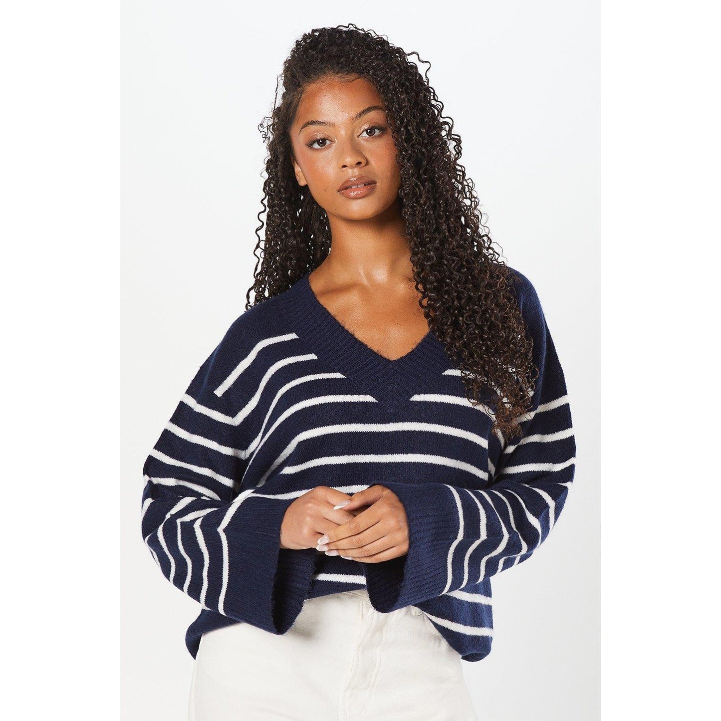 Black - Front - Dorothy Perkins Womens-Ladies Stripe Knitted V Neck Jumper