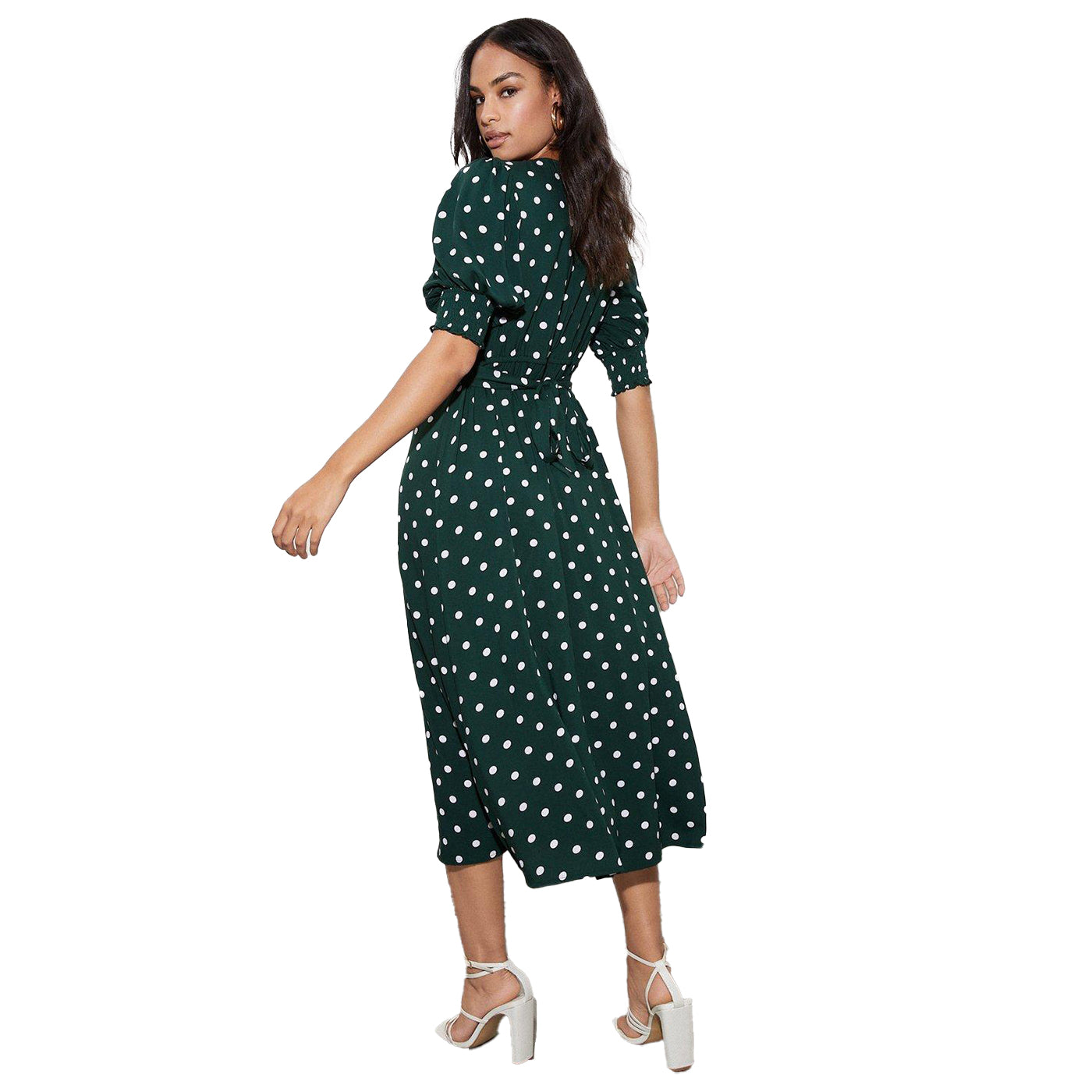Green - Back - Dorothy Perkins Womens-Ladies Spotted Shirred Cuff Midi Dress