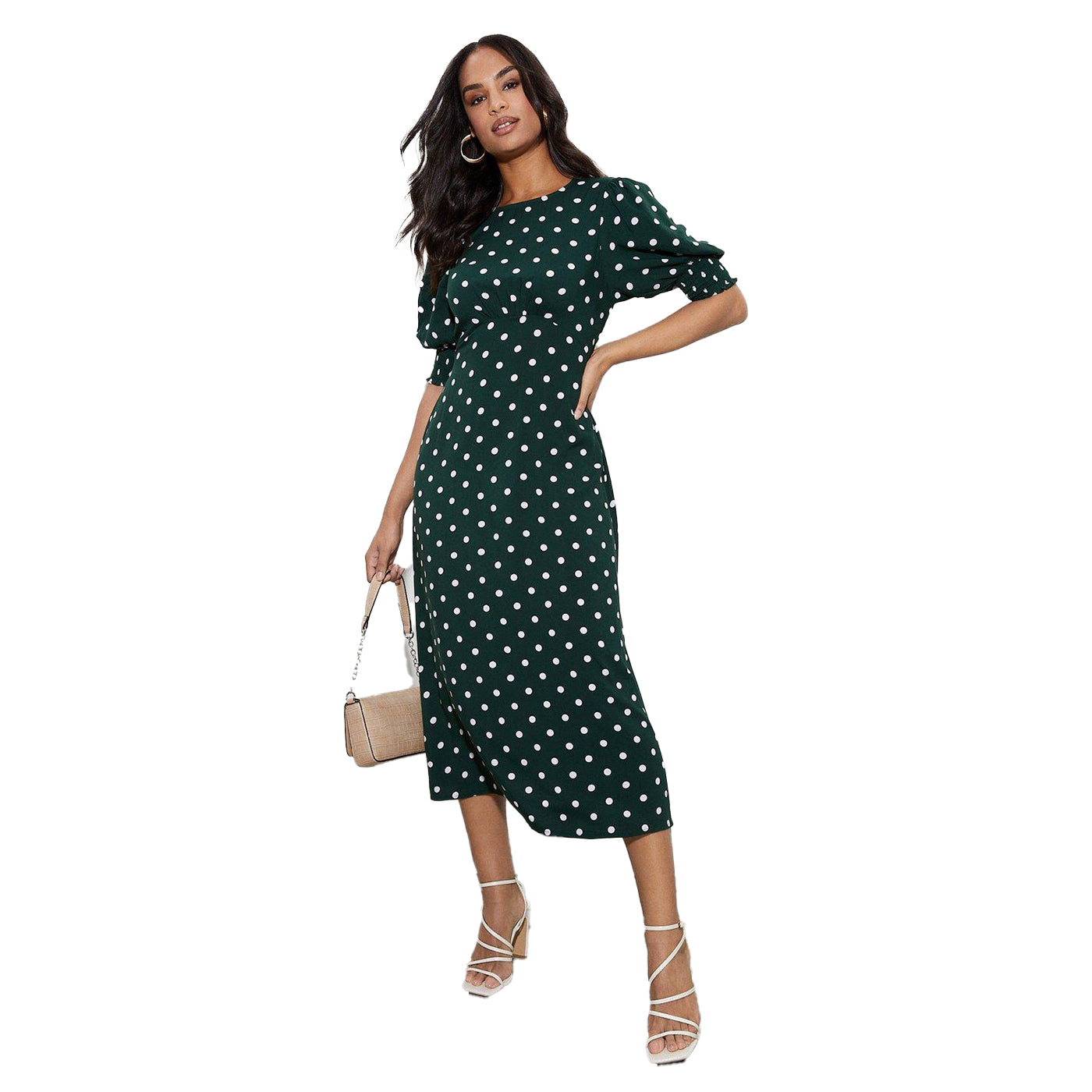 Green - Lifestyle - Dorothy Perkins Womens-Ladies Spotted Shirred Cuff Midi Dress
