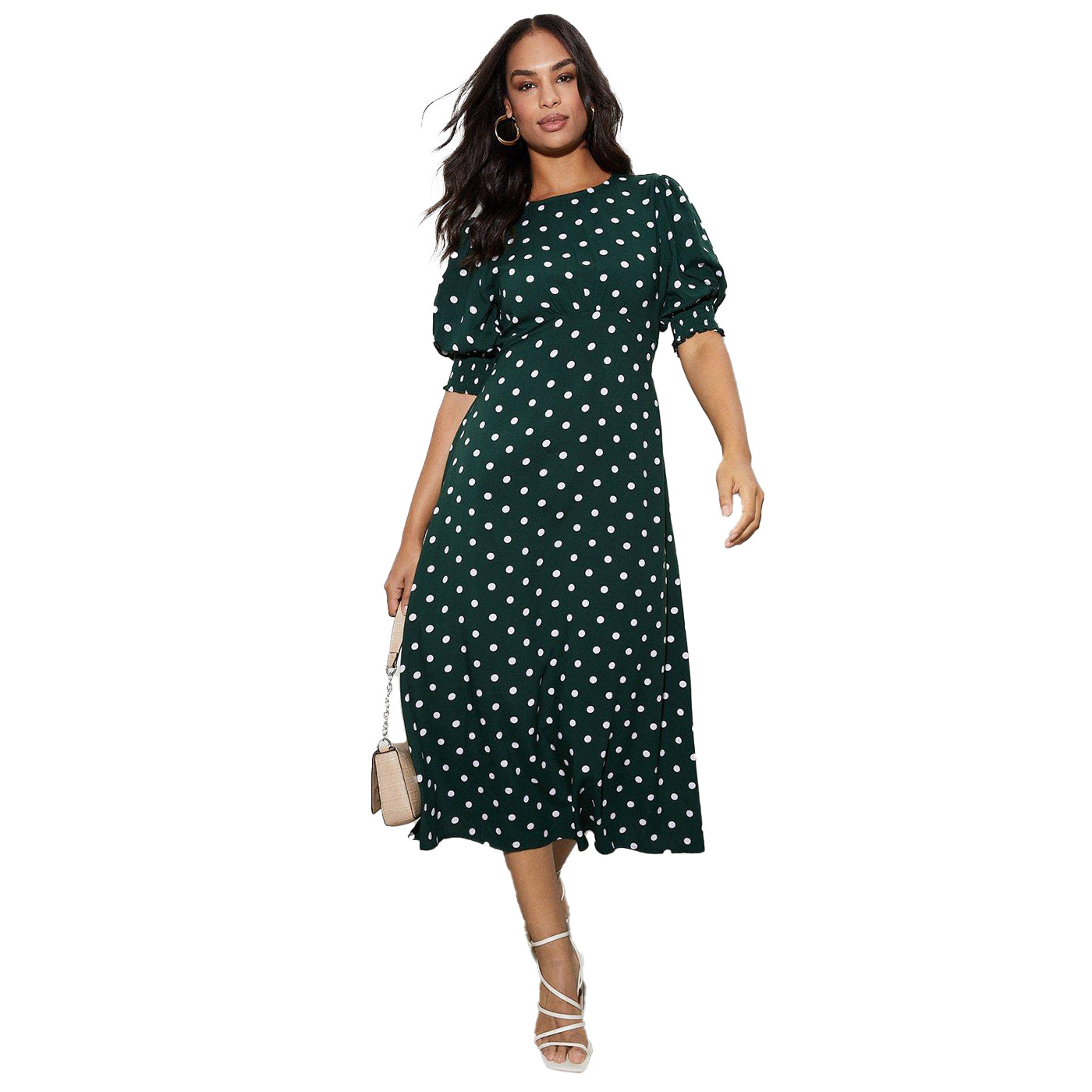 Green - Front - Dorothy Perkins Womens-Ladies Spotted Shirred Cuff Midi Dress