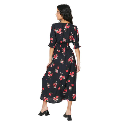 Black-Pink - Back - Dorothy Perkins Womens-Ladies Floral Shirred Waist Petite Midi Dress