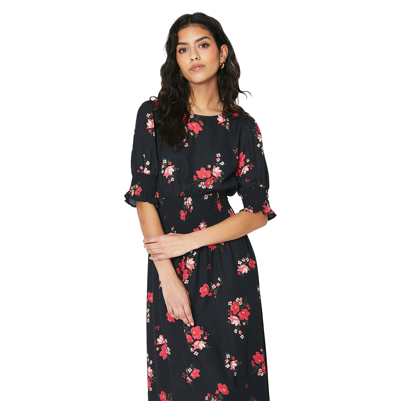 Black-Pink - Side - Dorothy Perkins Womens-Ladies Floral Shirred Waist Petite Midi Dress