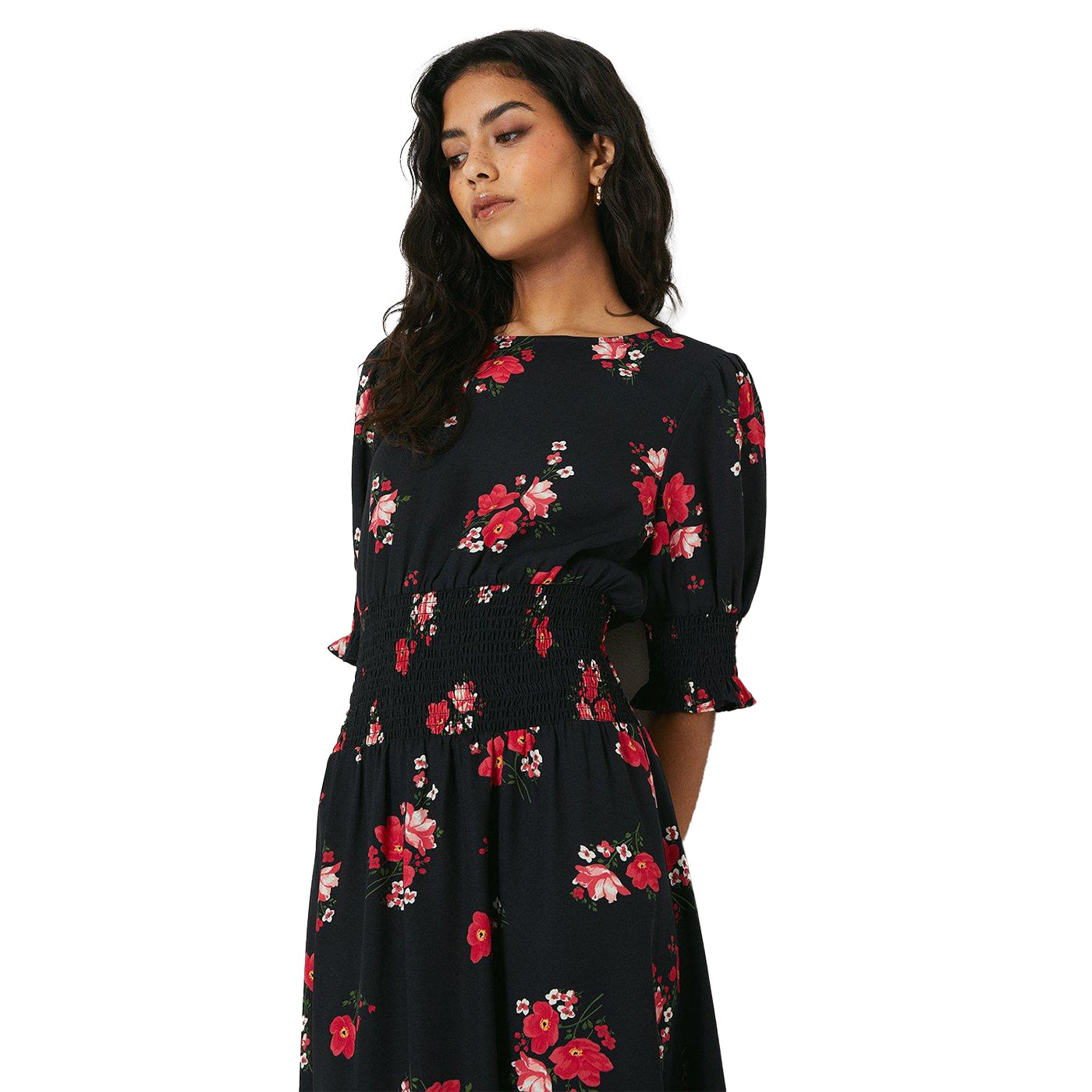 Black-Pink - Lifestyle - Dorothy Perkins Womens-Ladies Floral Shirred Waist Petite Midi Dress