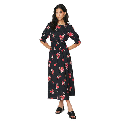 Black-Pink - Front - Dorothy Perkins Womens-Ladies Floral Shirred Waist Petite Midi Dress