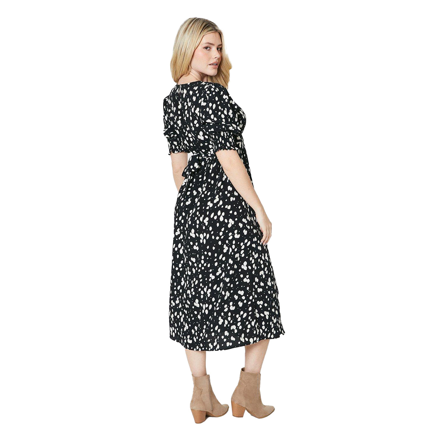 Black-White - Back - Dorothy Perkins Womens-Ladies Abstract Shirred Cuff Midi Dress