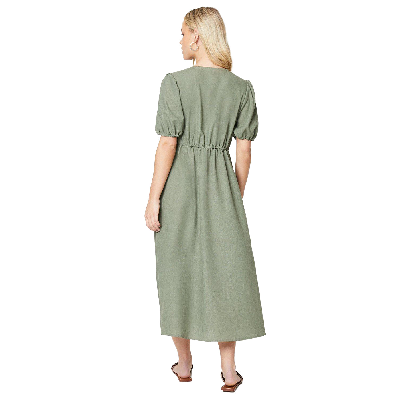 Sage - Back - Dorothy Perkins Womens-Ladies Button V Neck Petite Midi Dress