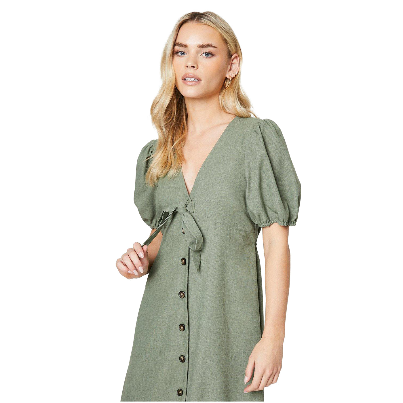 Sage - Side - Dorothy Perkins Womens-Ladies Button V Neck Petite Midi Dress