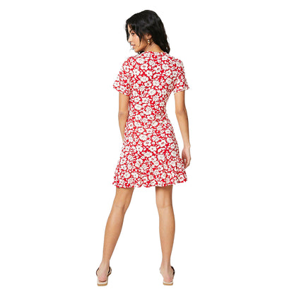 Red - Back - Dorothy Perkins Womens-Ladies Ditsy Print Frill Hem Petite Mini Dress