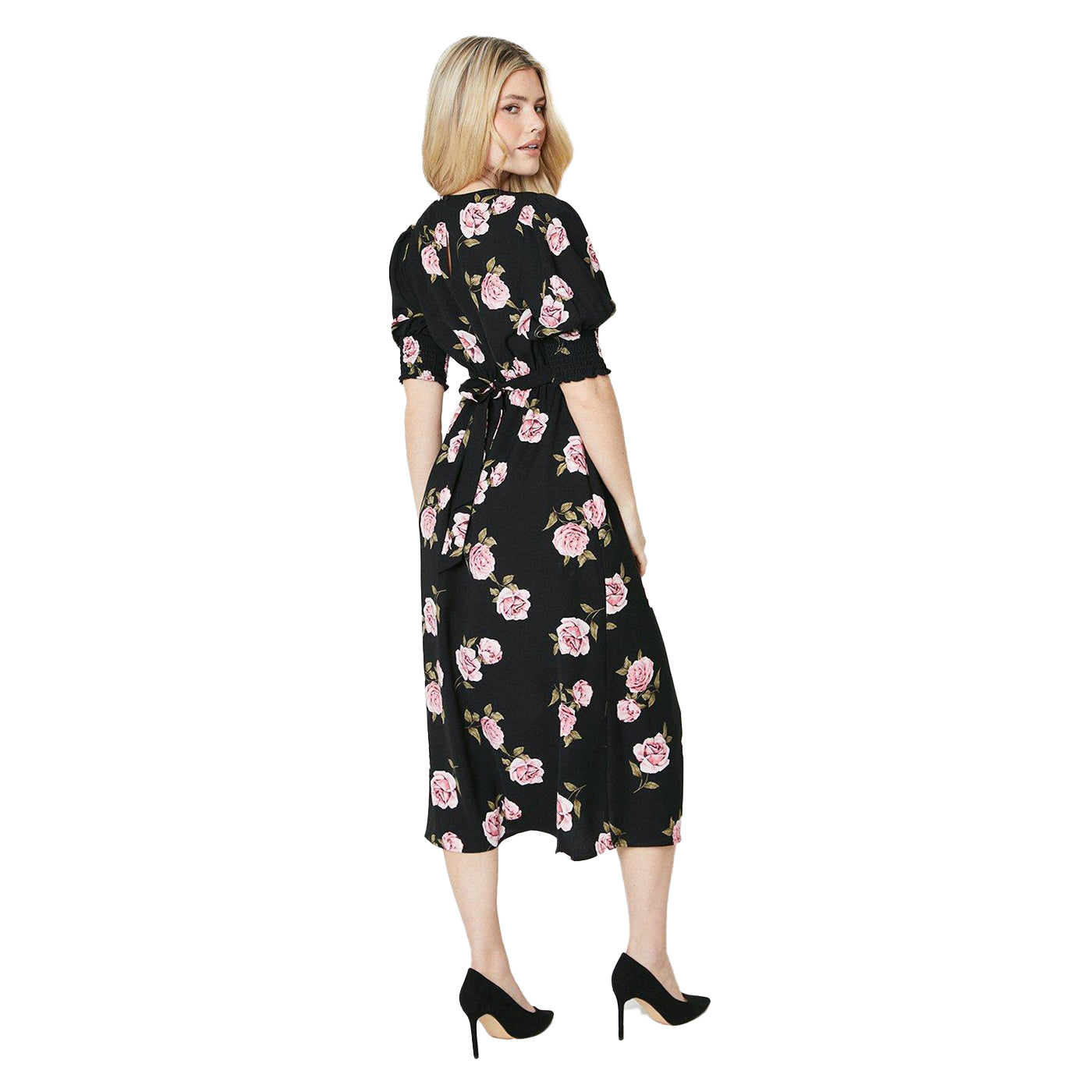 Black-Pink-Green - Back - Dorothy Perkins Womens-Ladies Roses Shirred Cuff Midi Dress