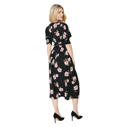 Black-Pink-Green - Back - Dorothy Perkins Womens-Ladies Roses Shirred Cuff Midi Dress