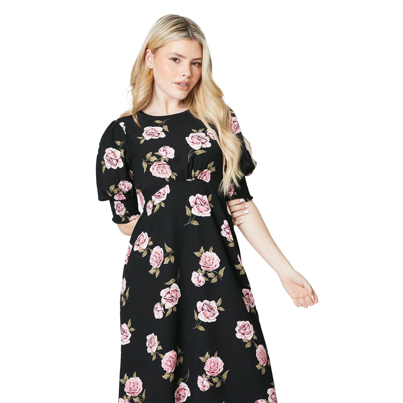 Black-Pink-Green - Side - Dorothy Perkins Womens-Ladies Roses Shirred Cuff Midi Dress