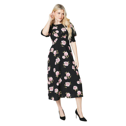 Black-Pink-Green - Front - Dorothy Perkins Womens-Ladies Roses Shirred Cuff Midi Dress