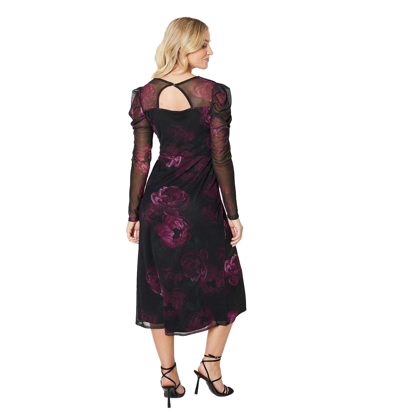Pink - Back - Dorothy Perkins Womens-Ladies Floral Mesh Puff Sleeve Midi Dress