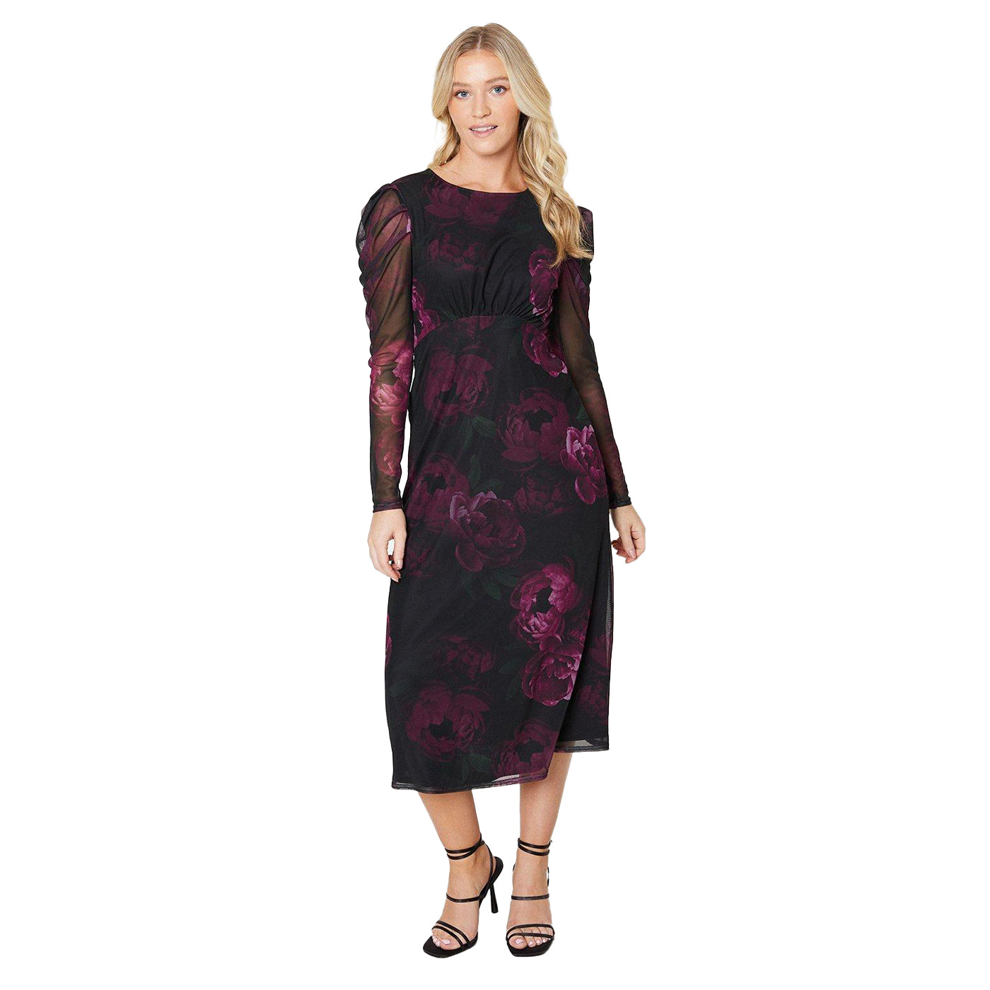 Pink - Front - Dorothy Perkins Womens-Ladies Floral Mesh Puff Sleeve Midi Dress