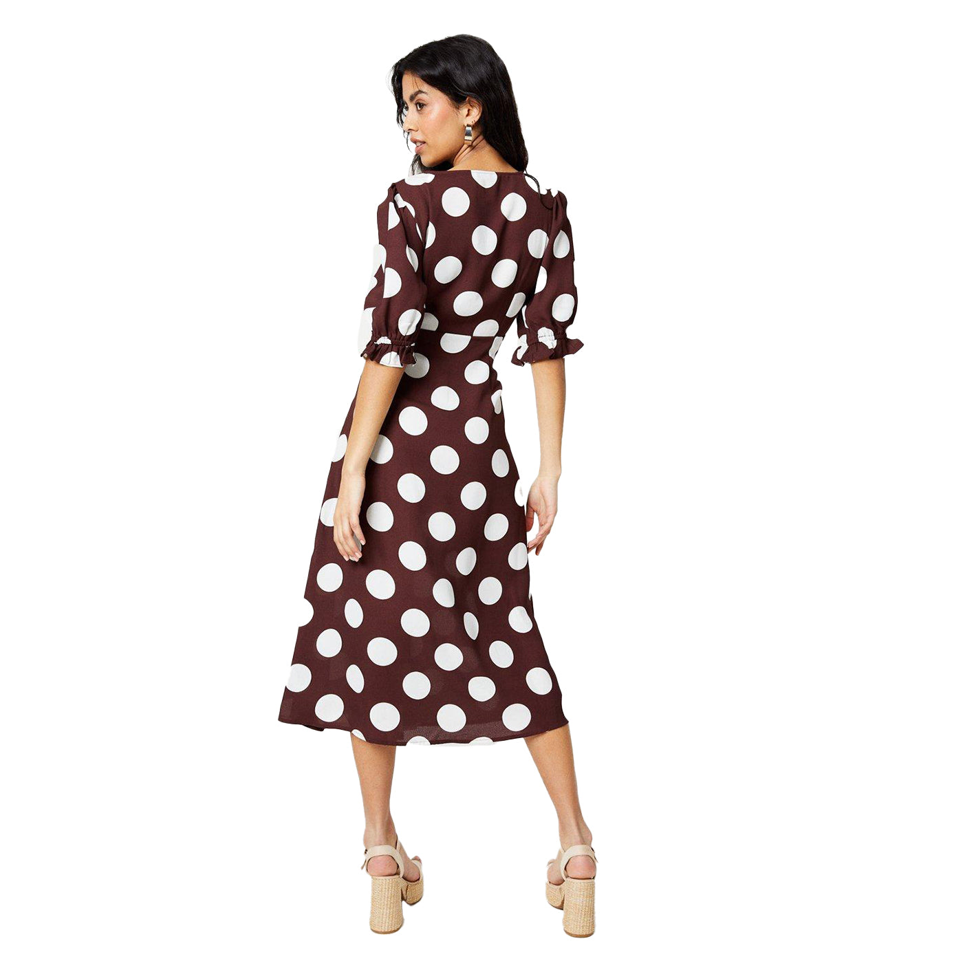 Chocolate - Back - Dorothy Perkins Womens-Ladies Spotted Button Through Petite Midi Dress