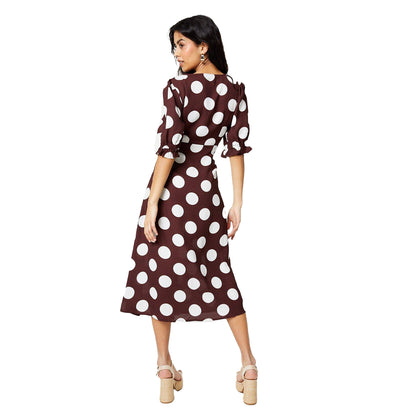 Chocolate - Back - Dorothy Perkins Womens-Ladies Spotted Button Through Petite Midi Dress