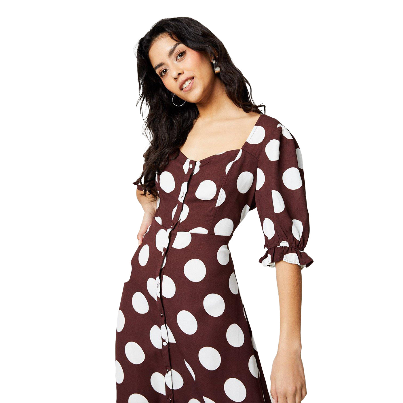 Chocolate - Side - Dorothy Perkins Womens-Ladies Spotted Button Through Petite Midi Dress