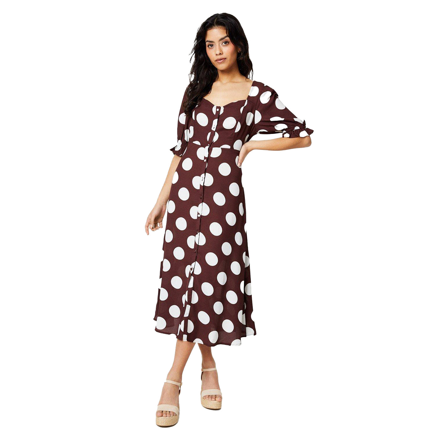 Chocolate - Front - Dorothy Perkins Womens-Ladies Spotted Button Through Petite Midi Dress