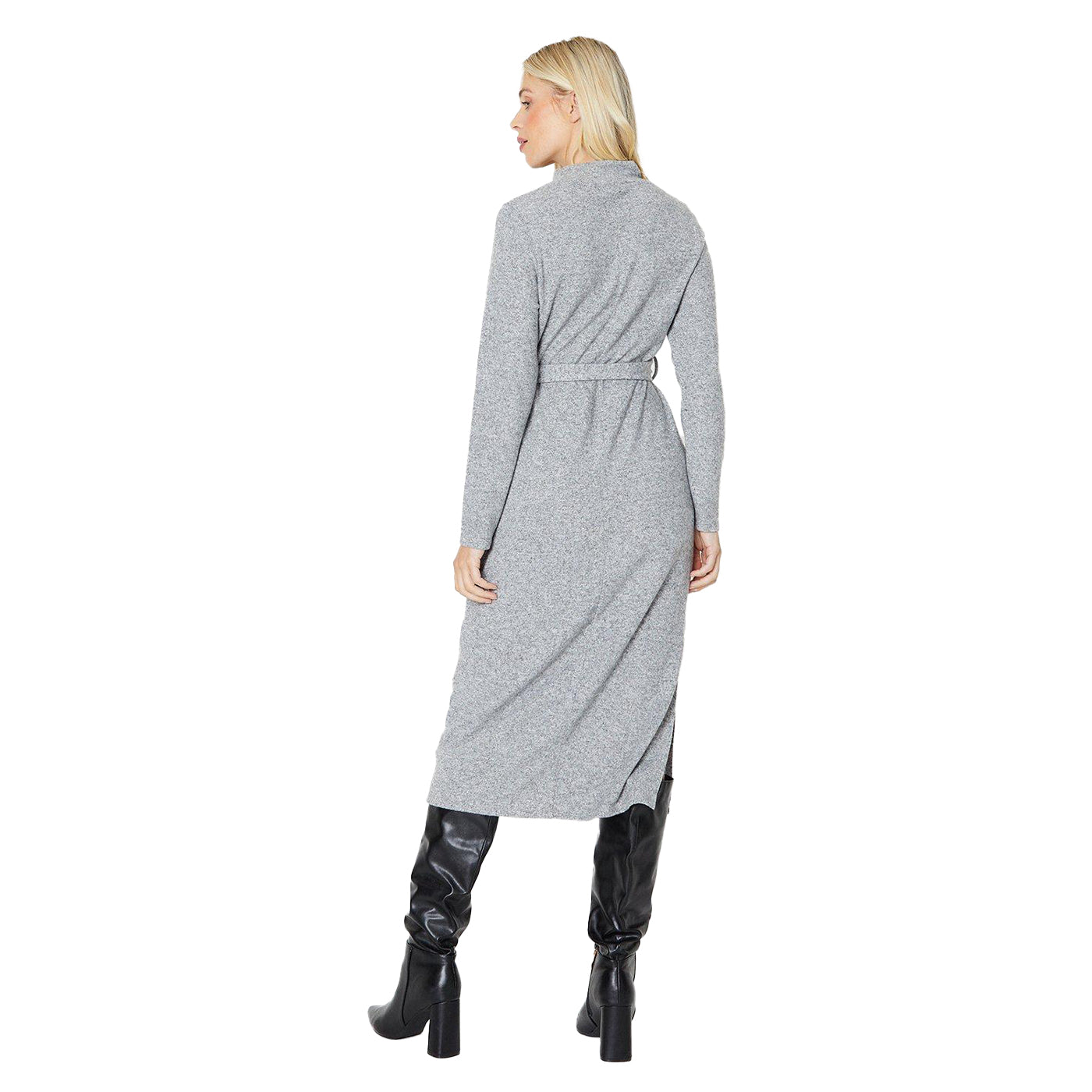 Grey Marl - Back - Dorothy Perkins Womens-Ladies Brushed Waist Tie Petite Midi Dress
